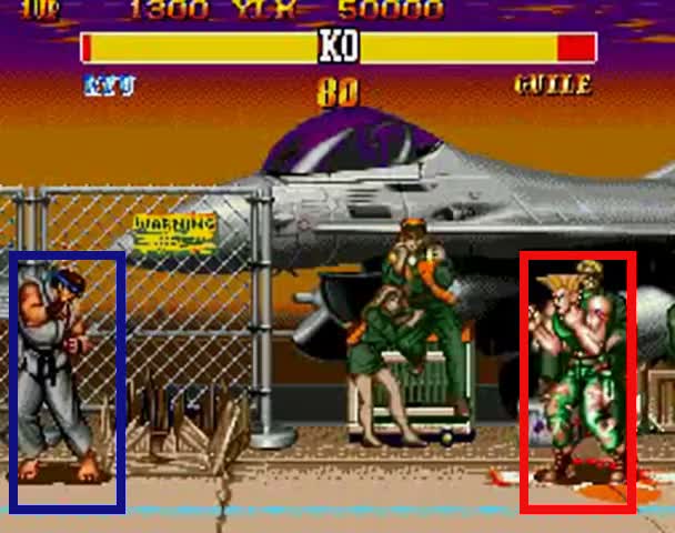 Frame from Street Fighter showing both characters with the player highlighted in blue and the NPC highlighted in red