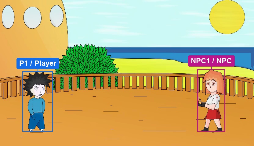 Generated first frame labeled with Player and NPC roles
