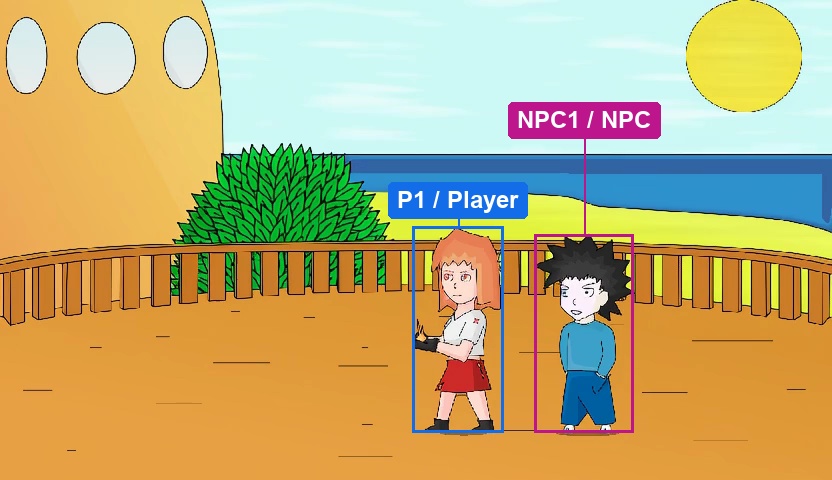 Generated first frame labeled with Player and NPC roles